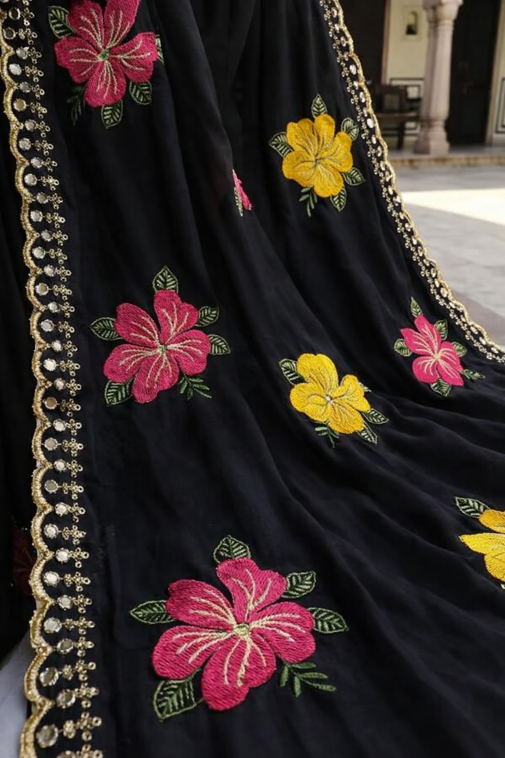 Sidhidata Women's Shining Star Georgette Embroidered Mirror Work Saree With Embroidered Unstitched Blouse Piece (Kusum Black_Black_Free Size)