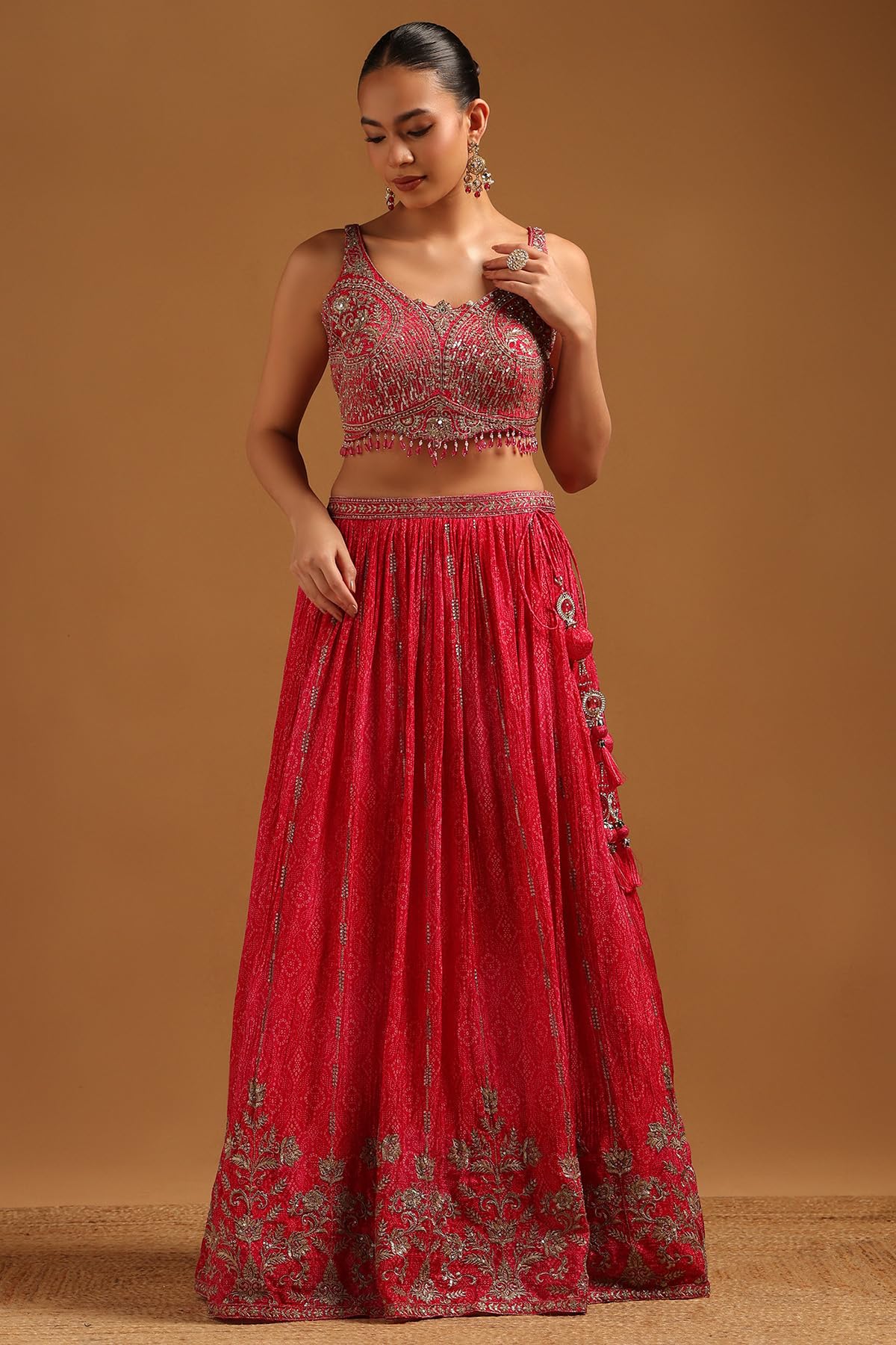 Soch Womens Fuchsia Chinon Embroidered Lehenga Choli Set With Stones And Sequins