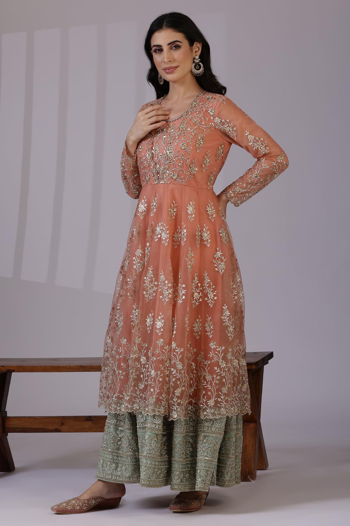 W for Woman Peach and Green Ombre Heavy Metallic Embroidered Layered Dress and Dupatta Set (Size: M)-24AUSP11987-400734