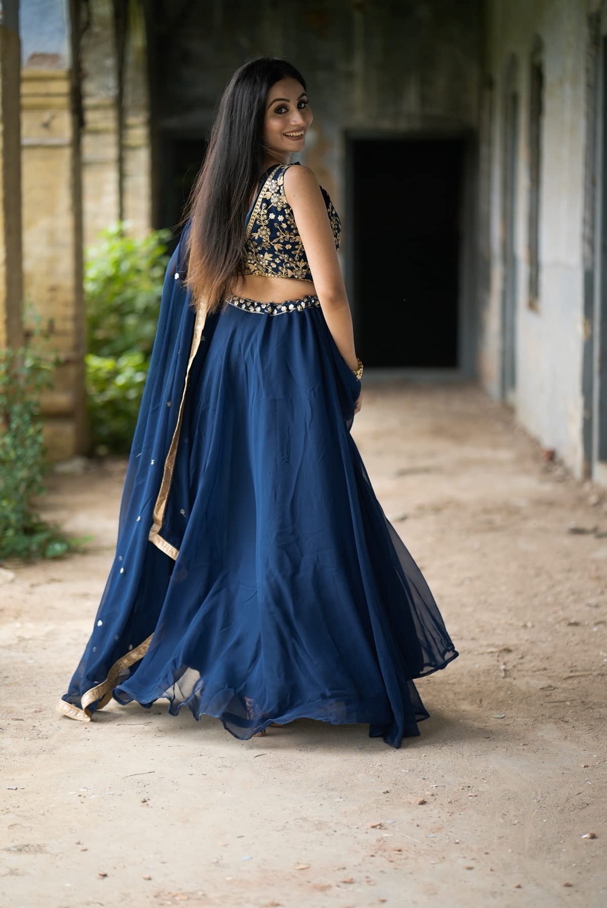 LooknBook Art Women's wear Navy blue Georgette Sequins and Thread Embroidery Work lehenga choli