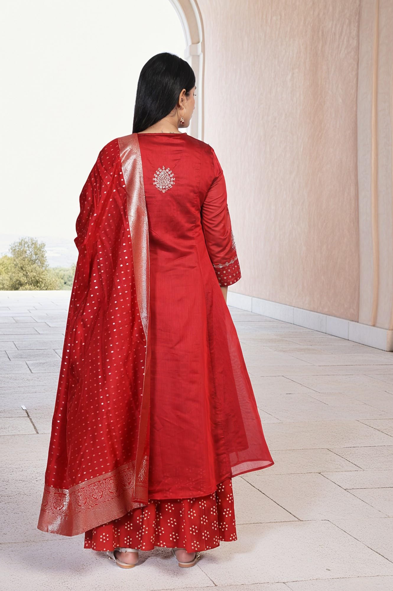 W for Woman Red Bandhni Embroidered Anarkali Jacquard Kurta with Sharara and Dupatta Set (WS13168-224094-3XL)
