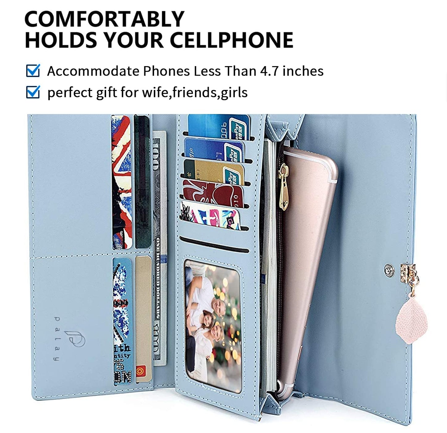 PALAY® Women's PU Leather Long Wallet with Leaf Pendant Card Holders Phone Pocket Girls Zipper Coin Purse (Blue)