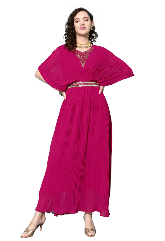 LYMI LABEL Western Gown For Women - Georgette Butterfly Sleeves Long Cinched Waist Gown Dress With Belt For Traditional, Indo Western, Ethnic Wear