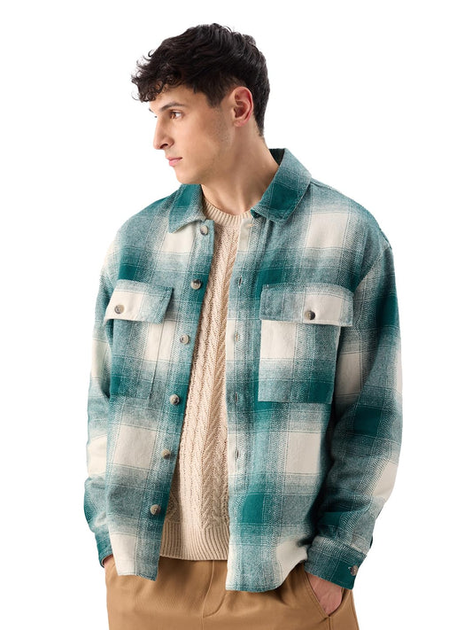 The Souled Store Plaid : Light Emerald and White Men and Boys Long Sleeve Collared Neck Button Front Cotton Oversized Fit Flannel Shackets