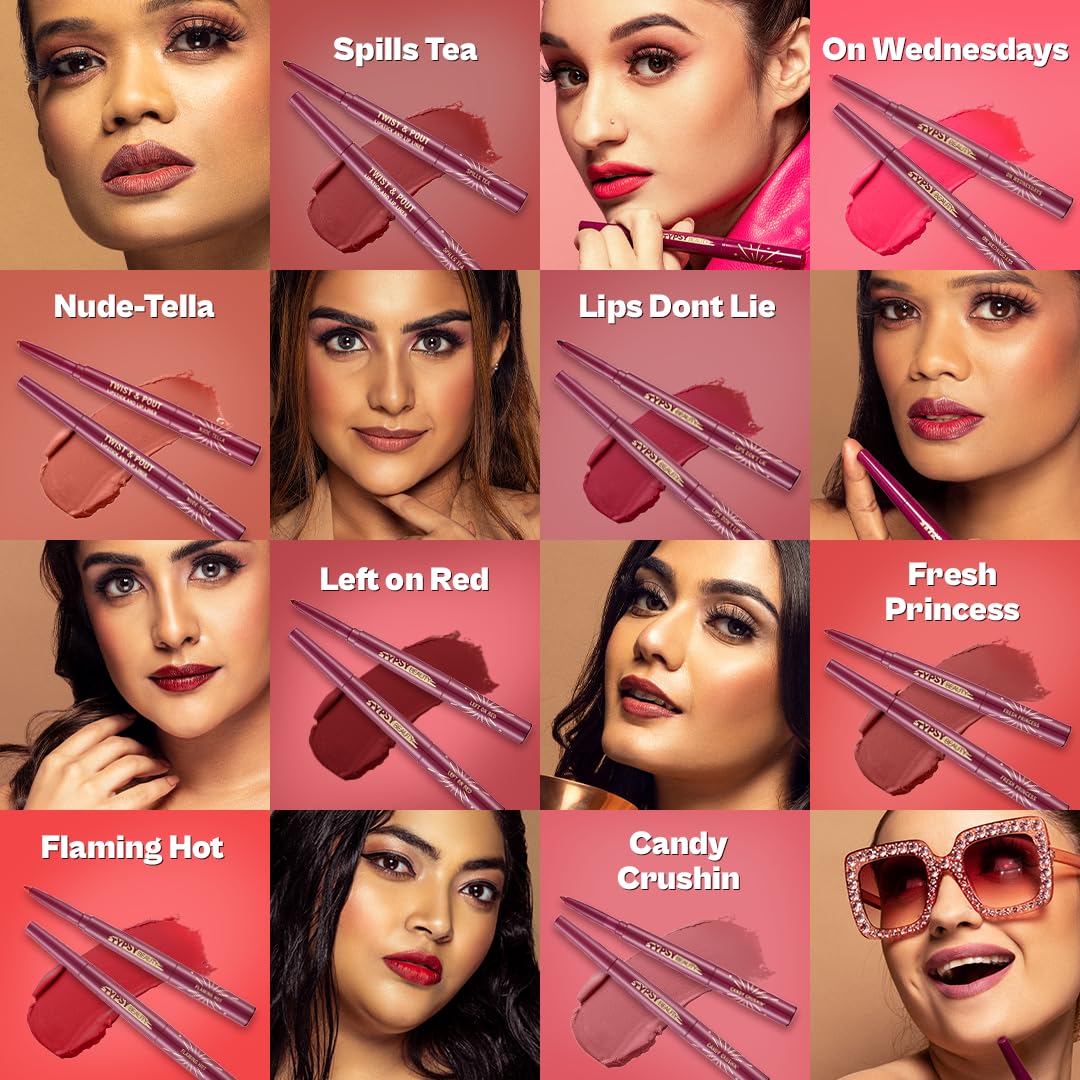 Typsy Beauty Twist & Pout Lipstick & Lip Liner I Lipstick with Matching Liner for Defined Lips I On Wednesdays | Matte Finish & Contoured Lip Effect I Hot Pink | Korea Made I Paraben Free 0.75 + 0.16g