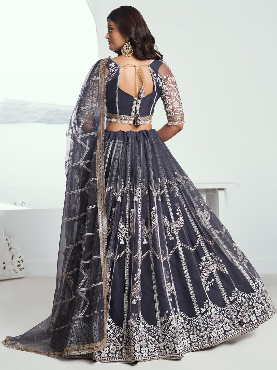 Zeel Clothing Women's Cotton Thread Sequins Work Embroidery Soft Net Readymade Lehenga Choli Set With Dupatta (Nfh-2203-Dark-Grey-Women-Lehenga-Choli-Latest; Free Size)