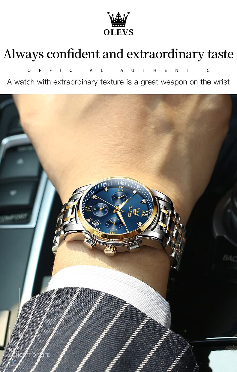 OLEVS Men's Business Watch With Date, Luminous Quartz Movement, Waterproof Stainless Steel Strap, Stopwatch Timing Function - Silver Band, Gold Case, Blue Dial, Classic