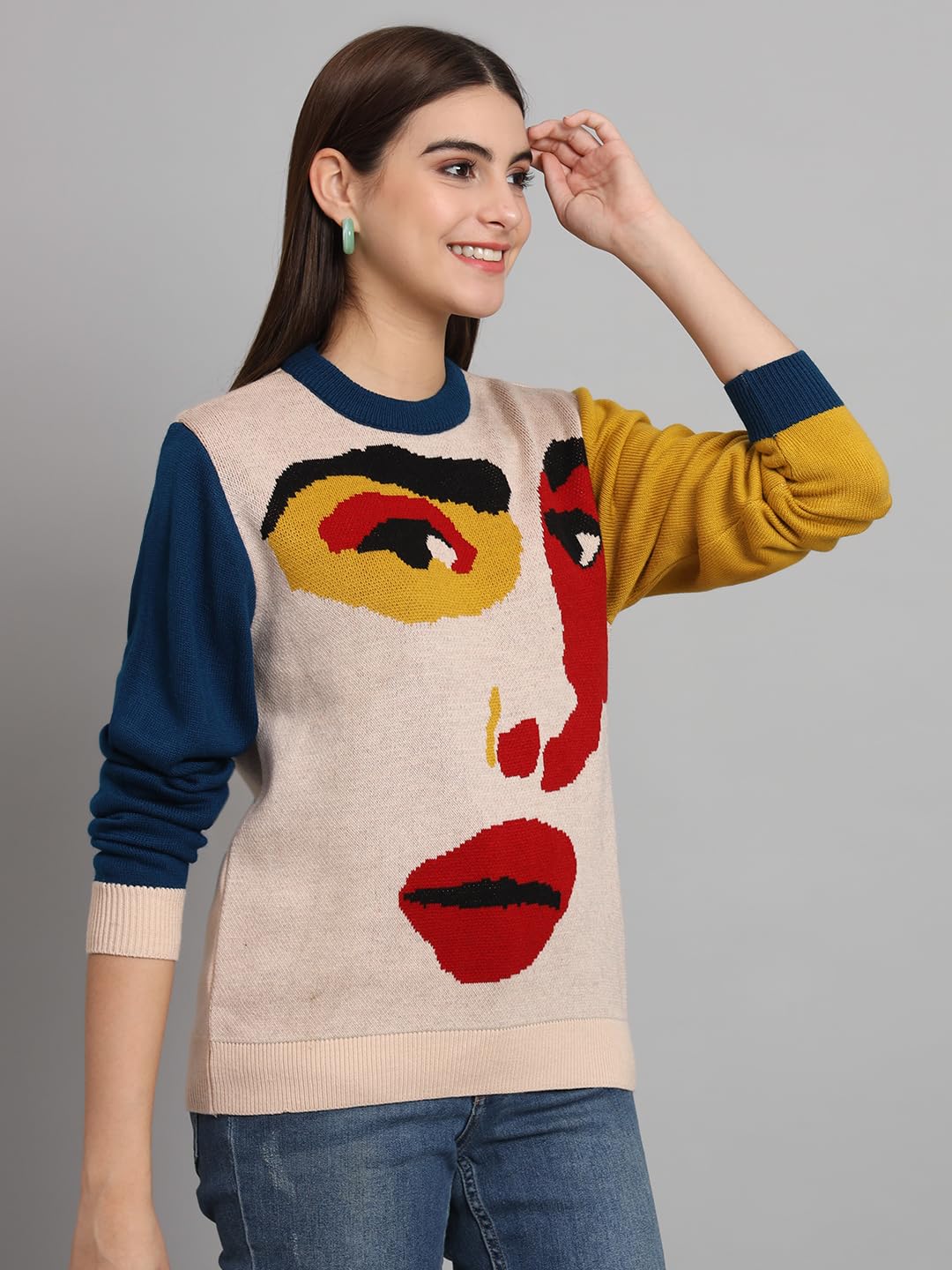 THE DRY STATE Womens Facial Expression Graphic Multicolour Pullover Sweater