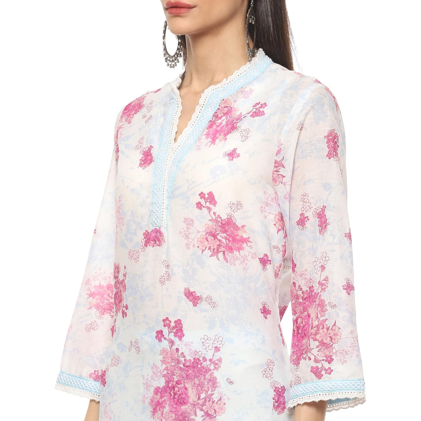 BIBA Cotton Women Printed Layered Salwar Kurta Dupatta(Skd9473_Off White/Blue_42)