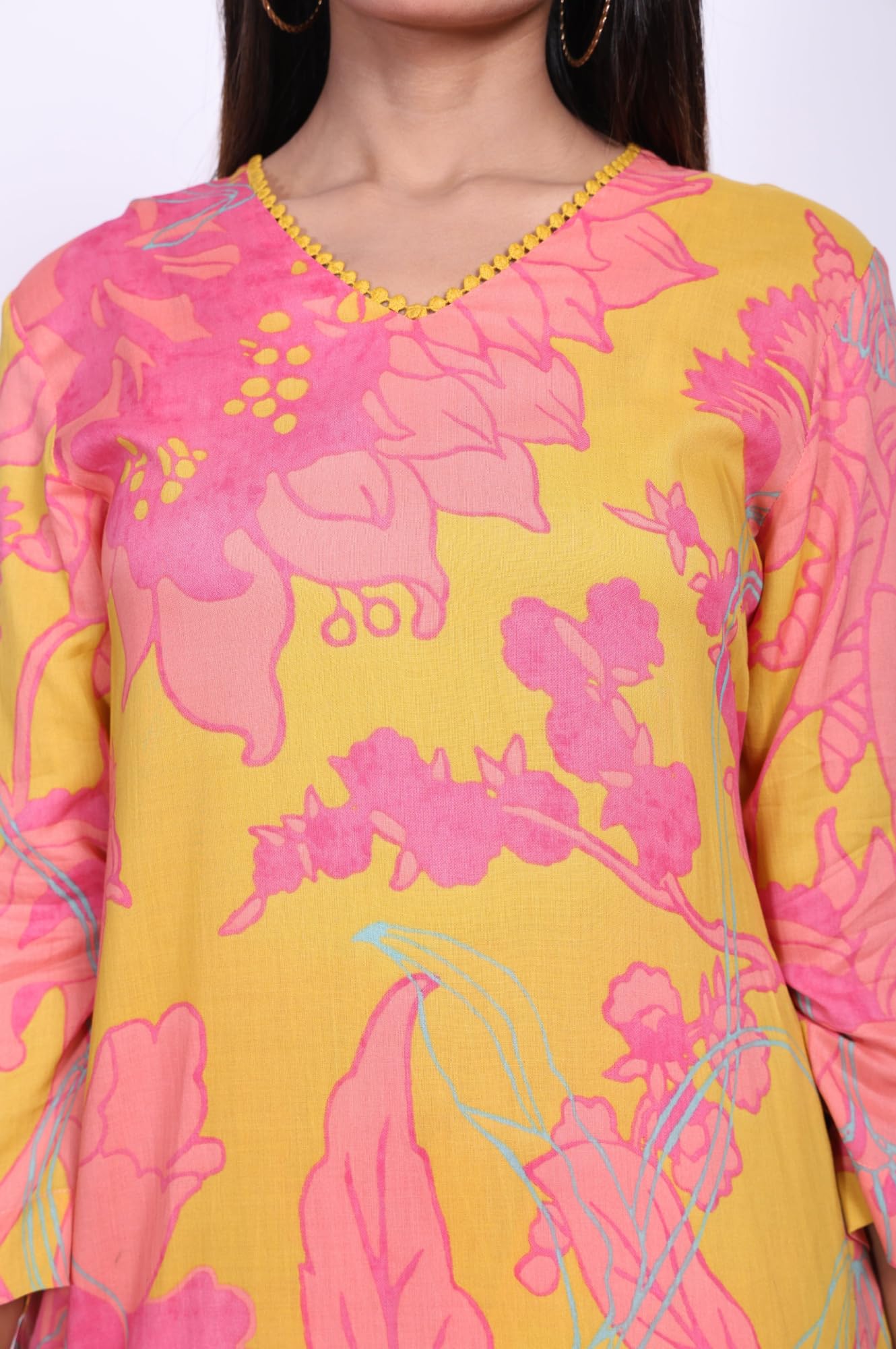 W for Woman Yellow Floral Printed Modal Straight Kurta with Straight Pant Set - (WS13917-127647-XL)
