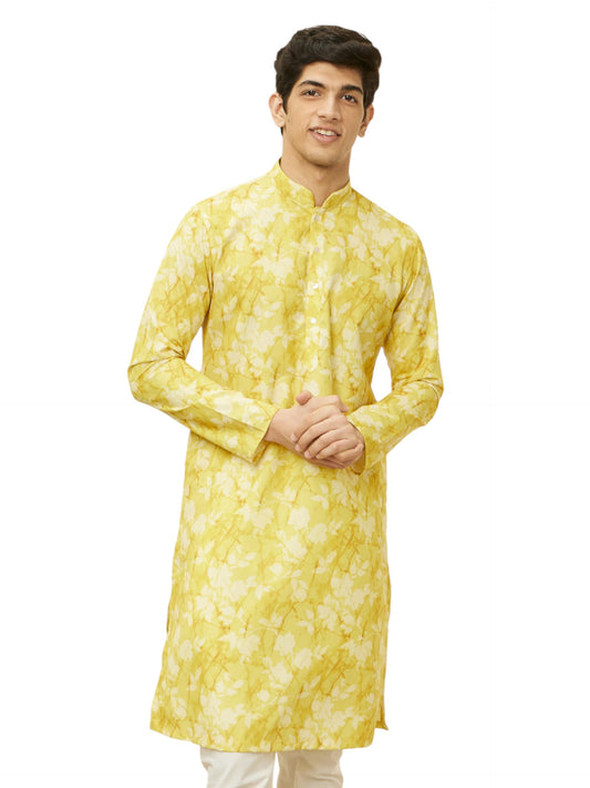 Manyavar Men's Corn Yellow Floral Printed Kurta (M)