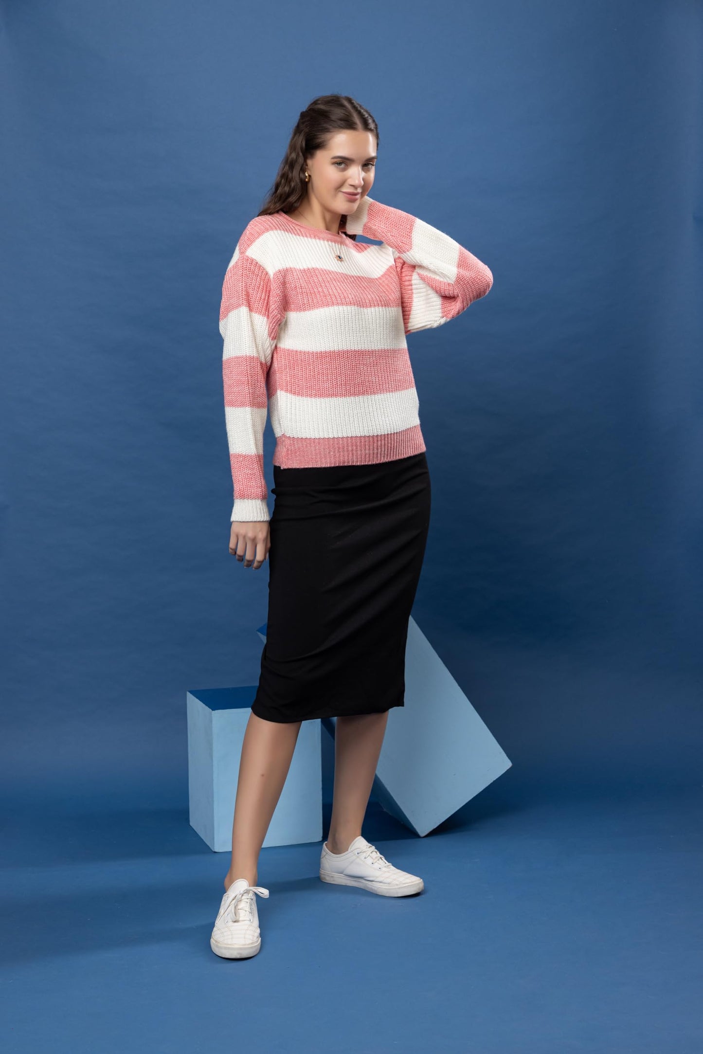 Wear lusso Womens 100% Wool Color Block Stripe Full Sleeve Round Neck Pullover Sweater for Winter Season (in, Alpha, M, Gajri)