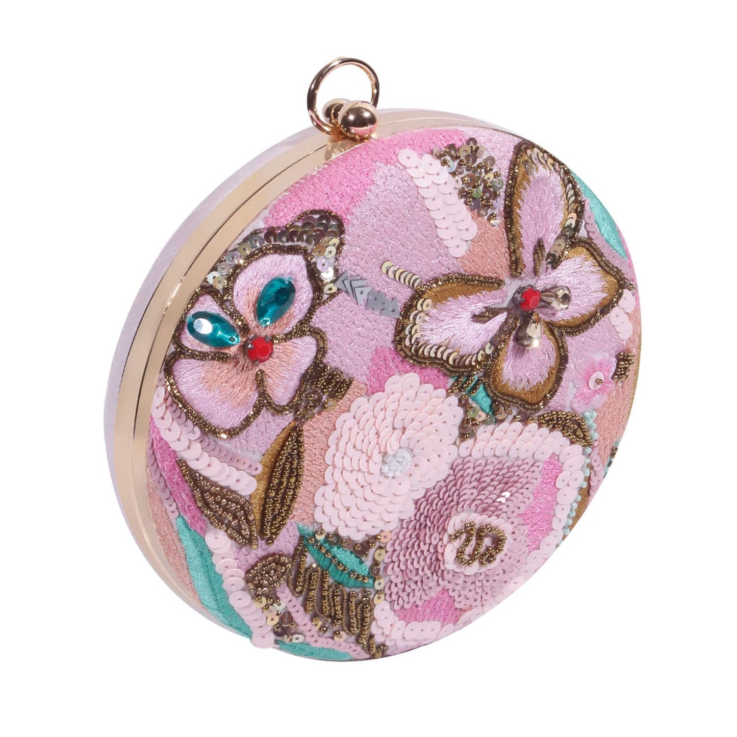 SWISNI Light Pink Modish Handmade Embroidery Round Shape Clutch Bag For Party II Women's Traditional Designer Clutch For Women & Girls II EMBROIDERED CLUTCHES