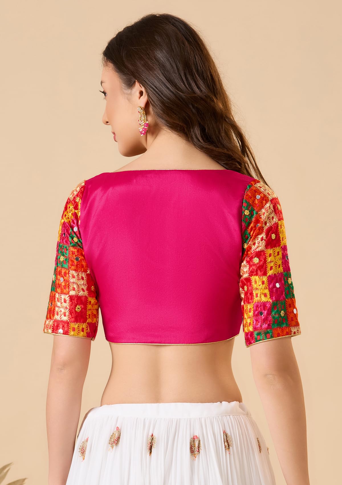 S SALWAR STUDIO Pink Chinon Silk Sweetheart Neck Phulkari Readymade Blouse