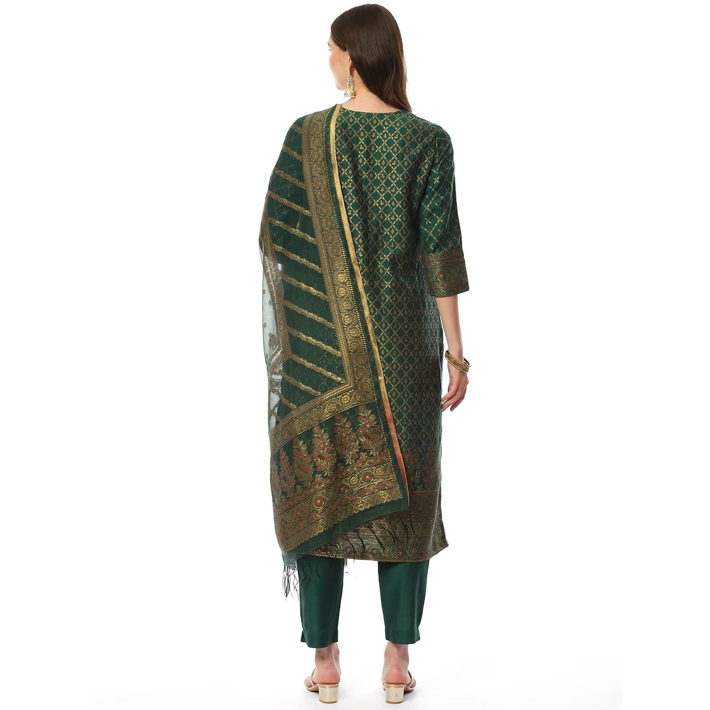 BIBA WOMEN YARNDYED NARROW SALWAR KURTA DUPATTA(SKDASSORTED8386_EMRGREEN_42)
