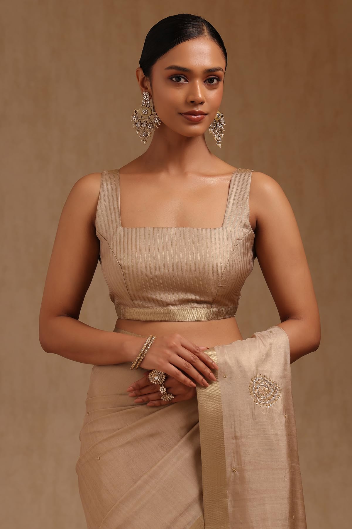 Soch Womens Beige Tussar Solid Saree With Cutdana