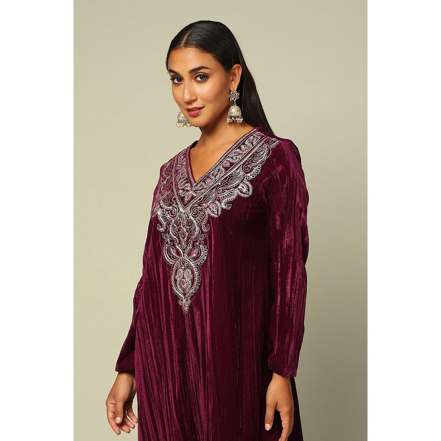 Rangriti Women's Poly Velvet Kurta Set (WNTRWR20385AW24WINE_Wine
