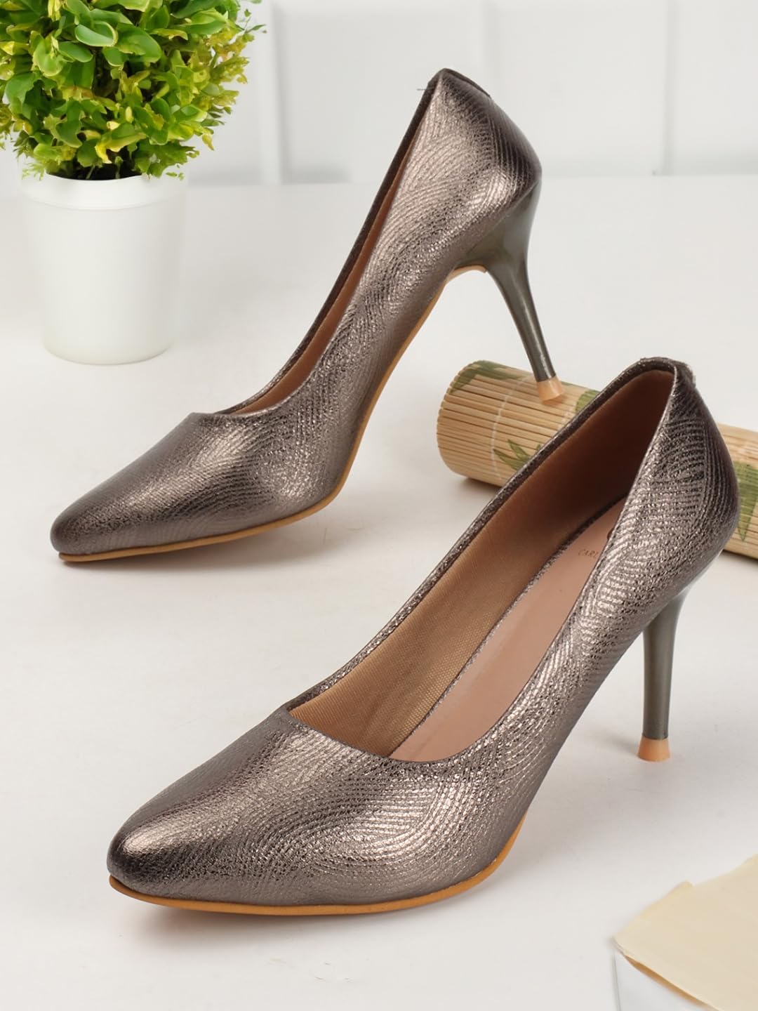 Carlton London Women Grey Stylish Slip-on Pump Shoes with Stiletto Heels, Pointed Toe (37)