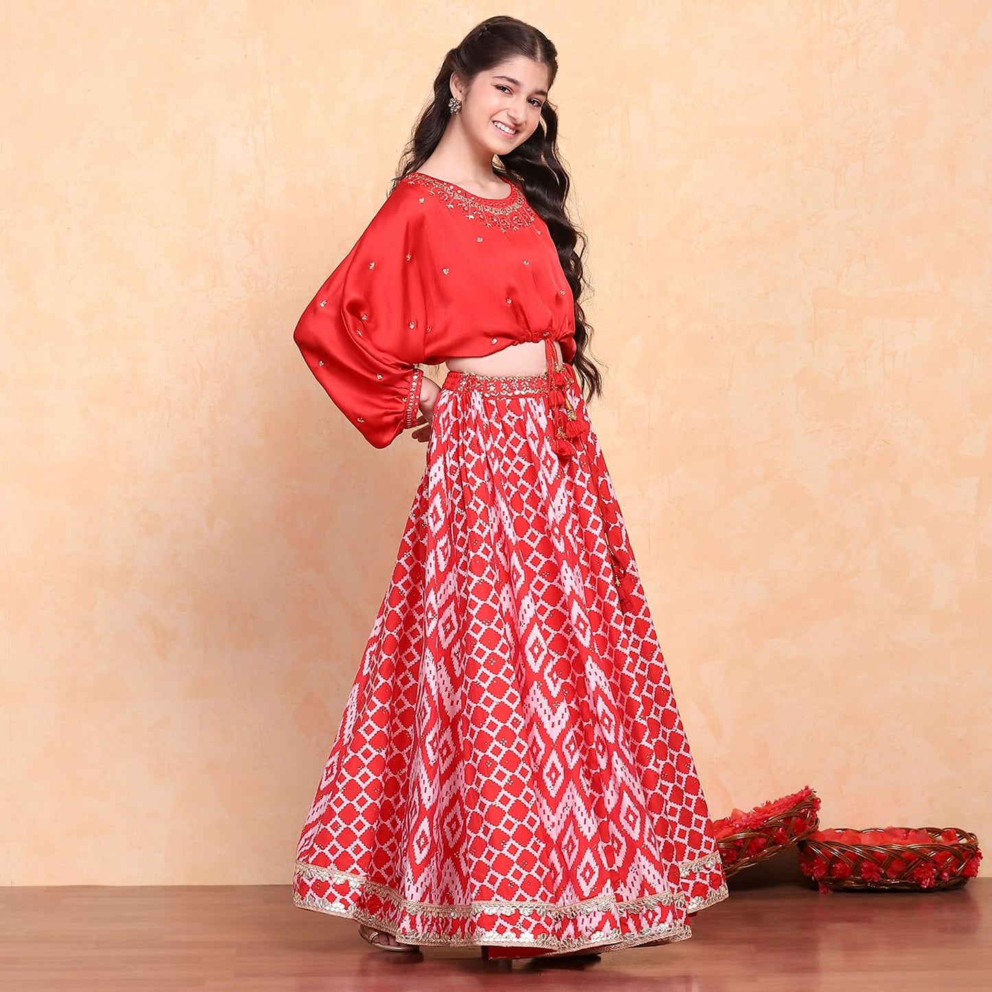 Biba Girl's Polyester Lehenga Set (KWSNKIS6316SS25RED_Red_16-17 Year)