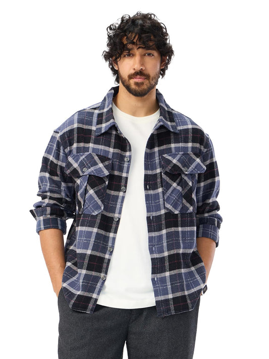 The Souled Store Plaid: Eclipse Men and Boys Long Sleeves Collared Neck Button Front Cotton Oversized Shackets