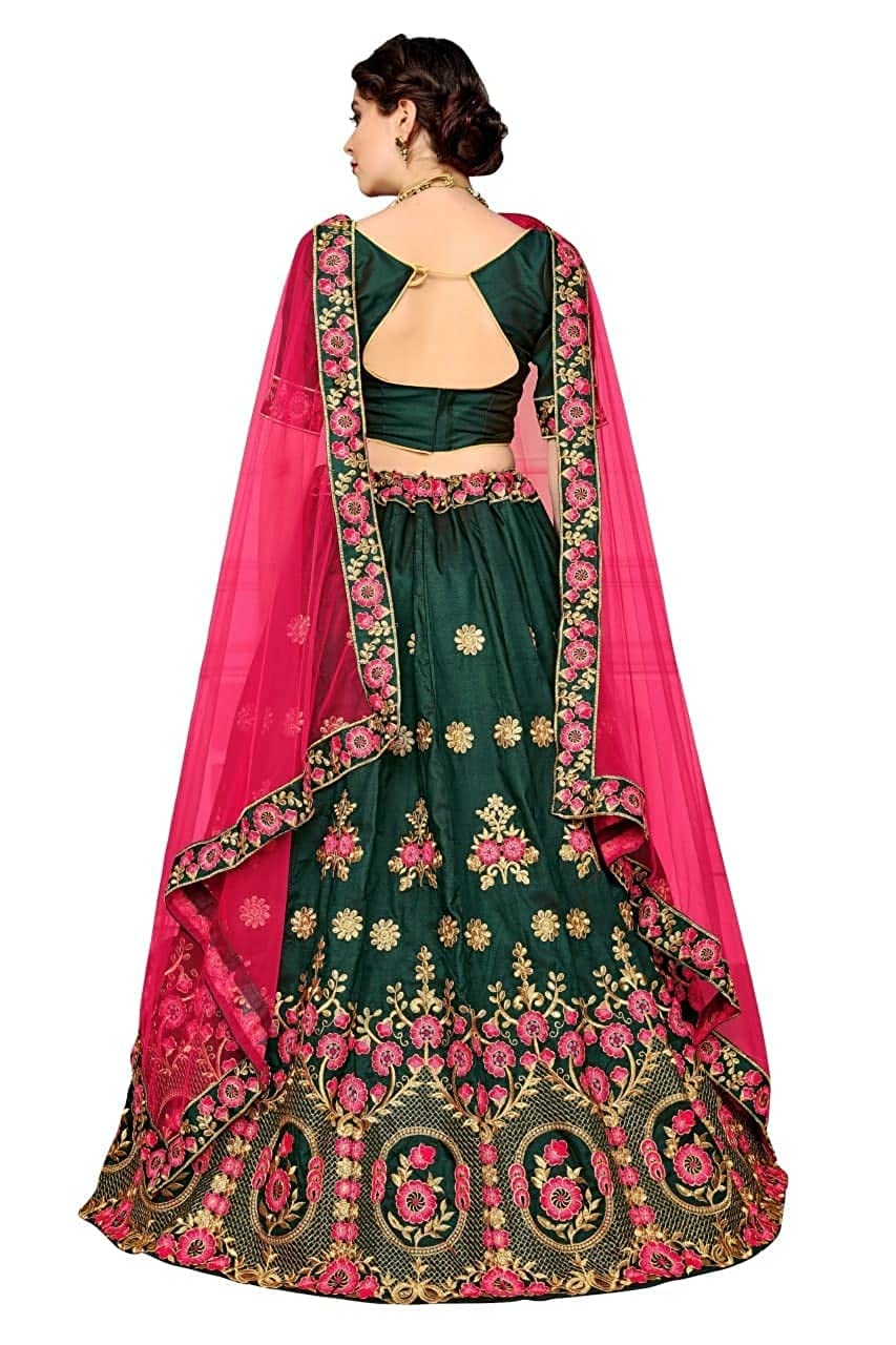 SAFERSKY Women's Semi stitched Heavy Embroidery Work Lehenga Choli Green & Light Pink Free Size