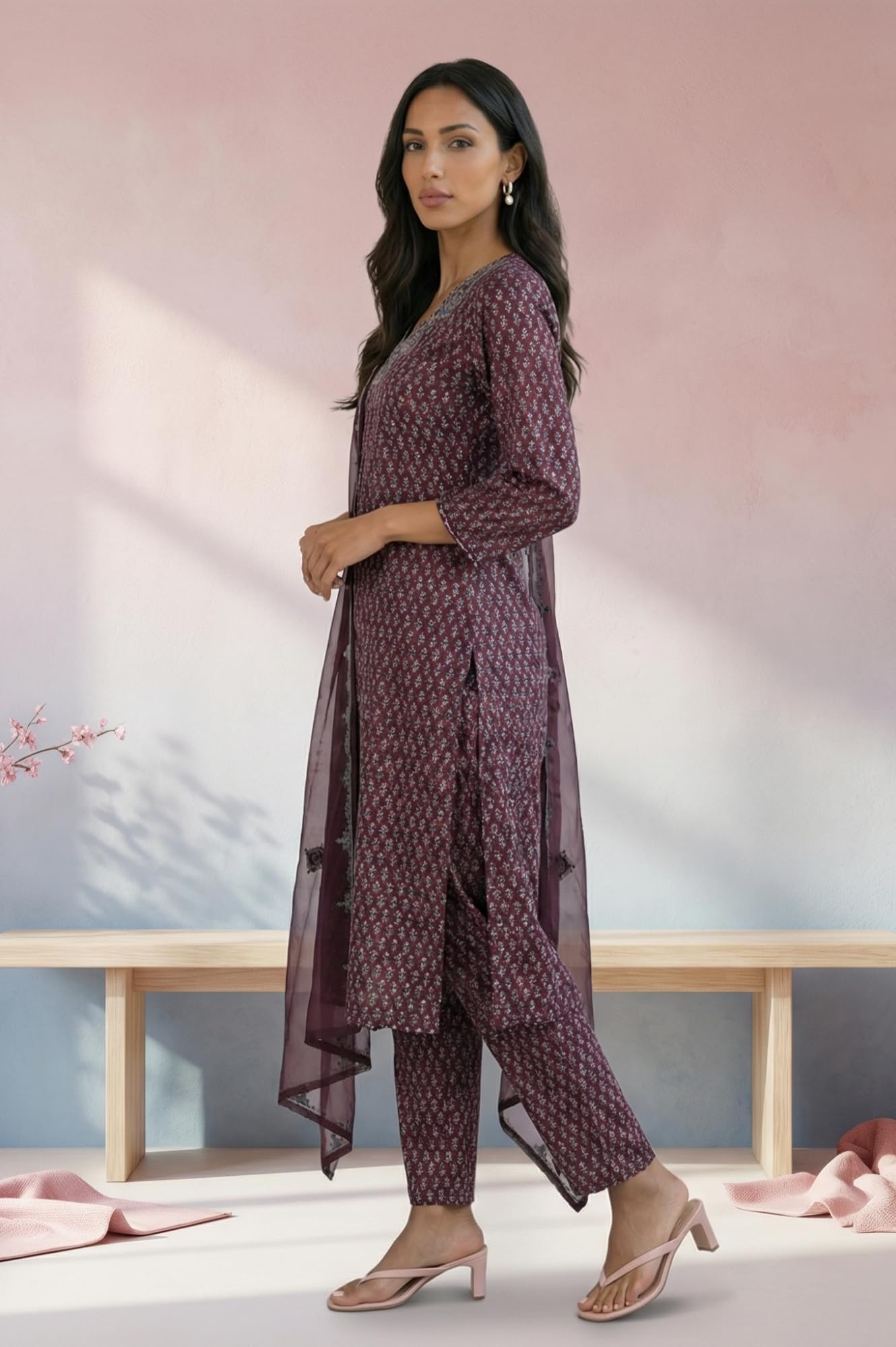 W for Woman Purple Floral Printed Embroidered Satin Straight Kurta with Pants and Dupatta Set - (WS13578-126546-XL)
