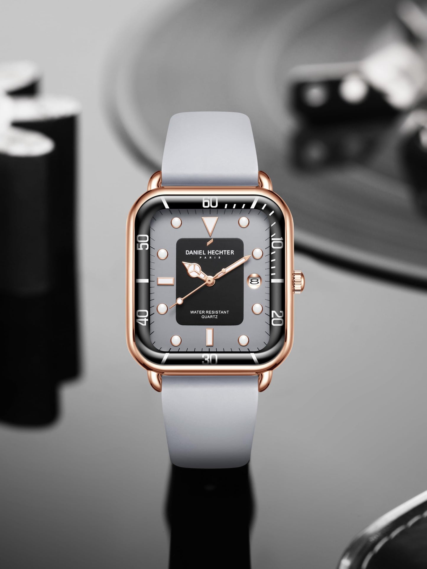 Daniel Hechter Paris Montmartre Collection Square Dial Watch for Men with Stylish Silicone Strap, Water Resistant & Quartz Movement-DHM1011 (Grey)