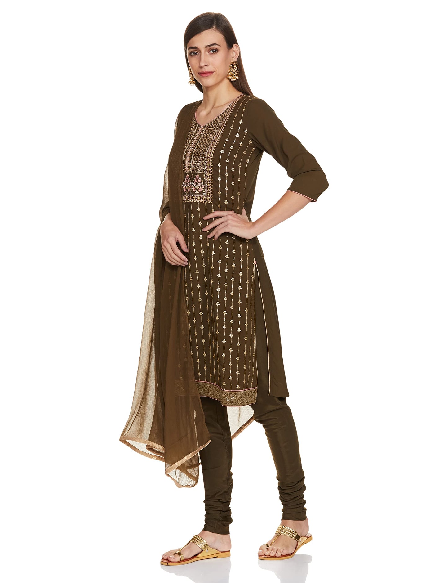 BIBA WOMEN EMBROIDERY FITTED SALWAR KURTA DUPATTA(SKDASSORTED7729_MEHANDI GREEN_32)