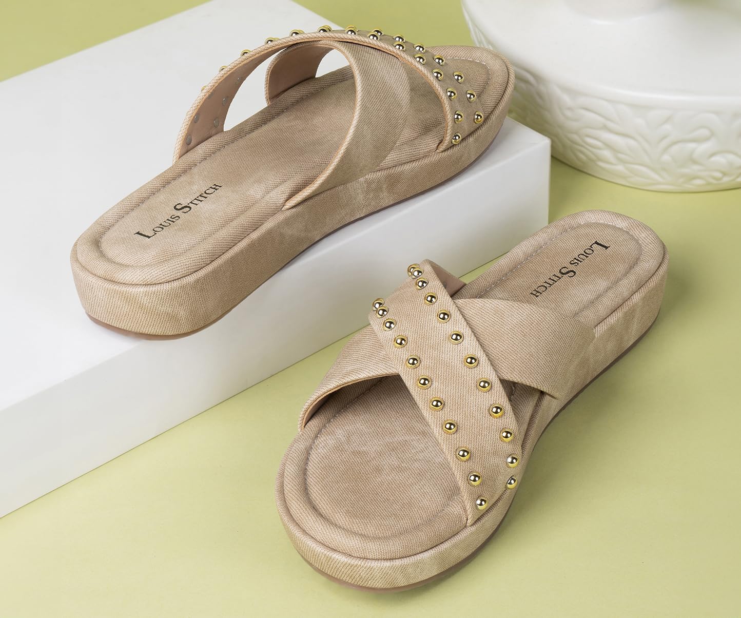 LOUIS STITCH Women's Stylish Beige Flat Sandals with Cross Strap & Beaded Embellishments – Perfect for Office | LSOF-LDSL-BDCSBG