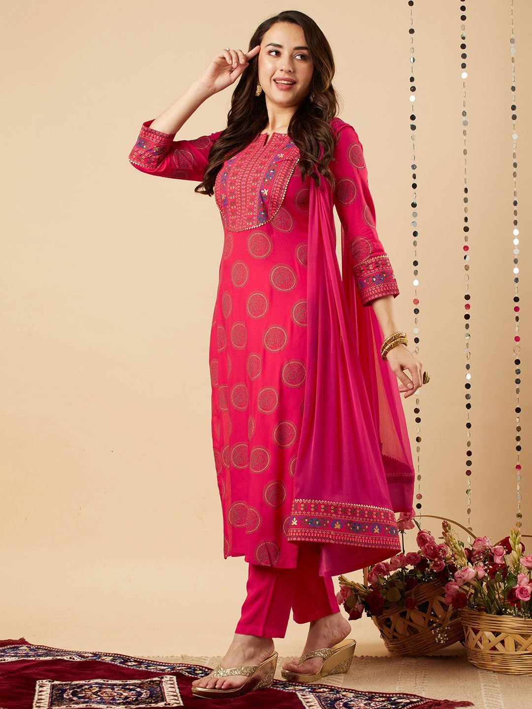 LOVISTA Womens Printed Rayon Straight Kurta Pant and Dupatta Set for Women Ethnic Tunic Kurtis Set