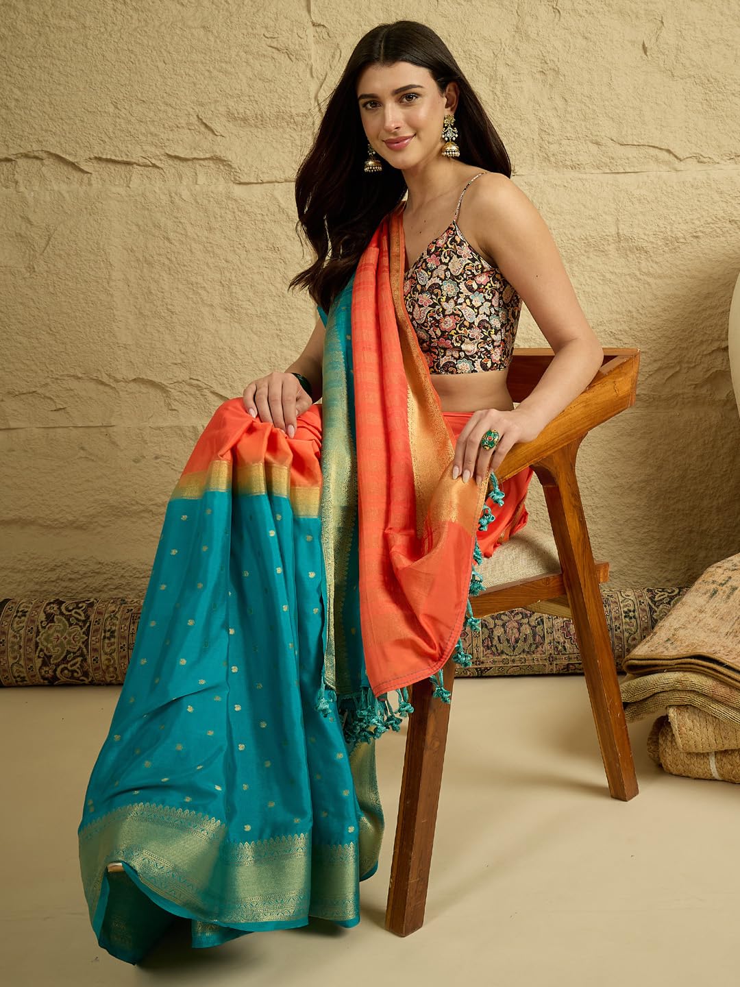 AKHILAM Women's Orange Mysore Silk Zaributta WovenDesign TasselsandLatkans Saree With Unstitched BlousePiece | saree for woman | Designer Saree for Women | Soft and Skin Friendly