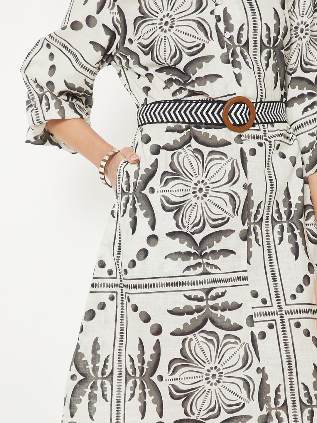 Max Women Printed Shirt Dress with Belt(White_M)