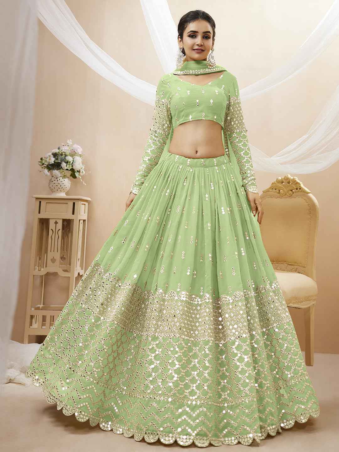 Zeel Clothing Women's Sequins Zari Embroidered Georgette Semi Stitched Lehenga Choli With Dupatta (311-Pista-Wedding-Bridal-Latest-New; Free Size) (Pista)