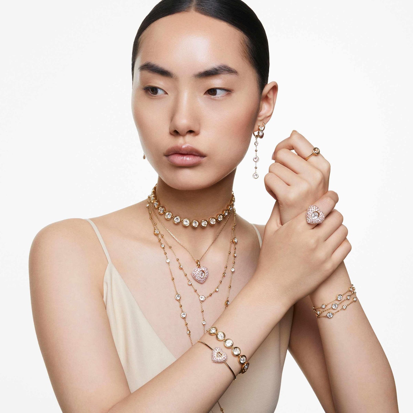 Swarovski Imber wide bracelet, Round cut, White, Gold-tone plated