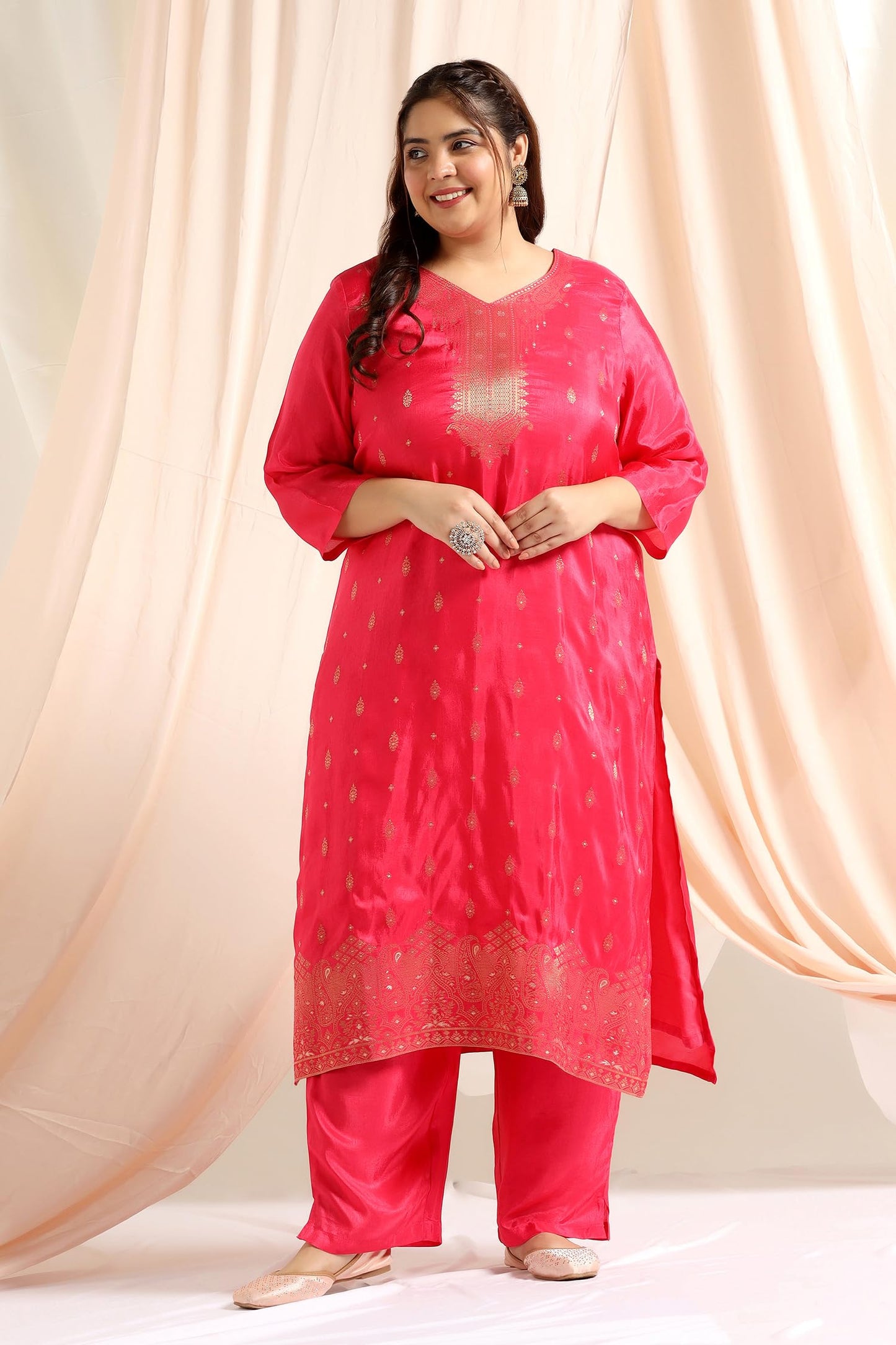 Jwalin Women's Plus Size Dola Silk Suit Set With Dupatta (JWWSET00077 RNI XL_Rani_XL)