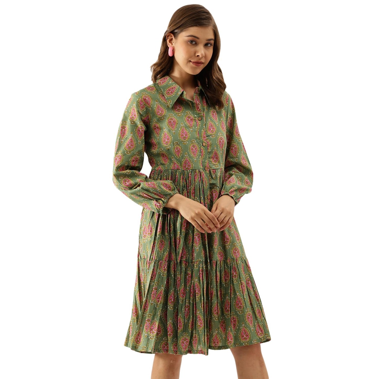Divena Green Paisley Printed Cotton Dress for Women