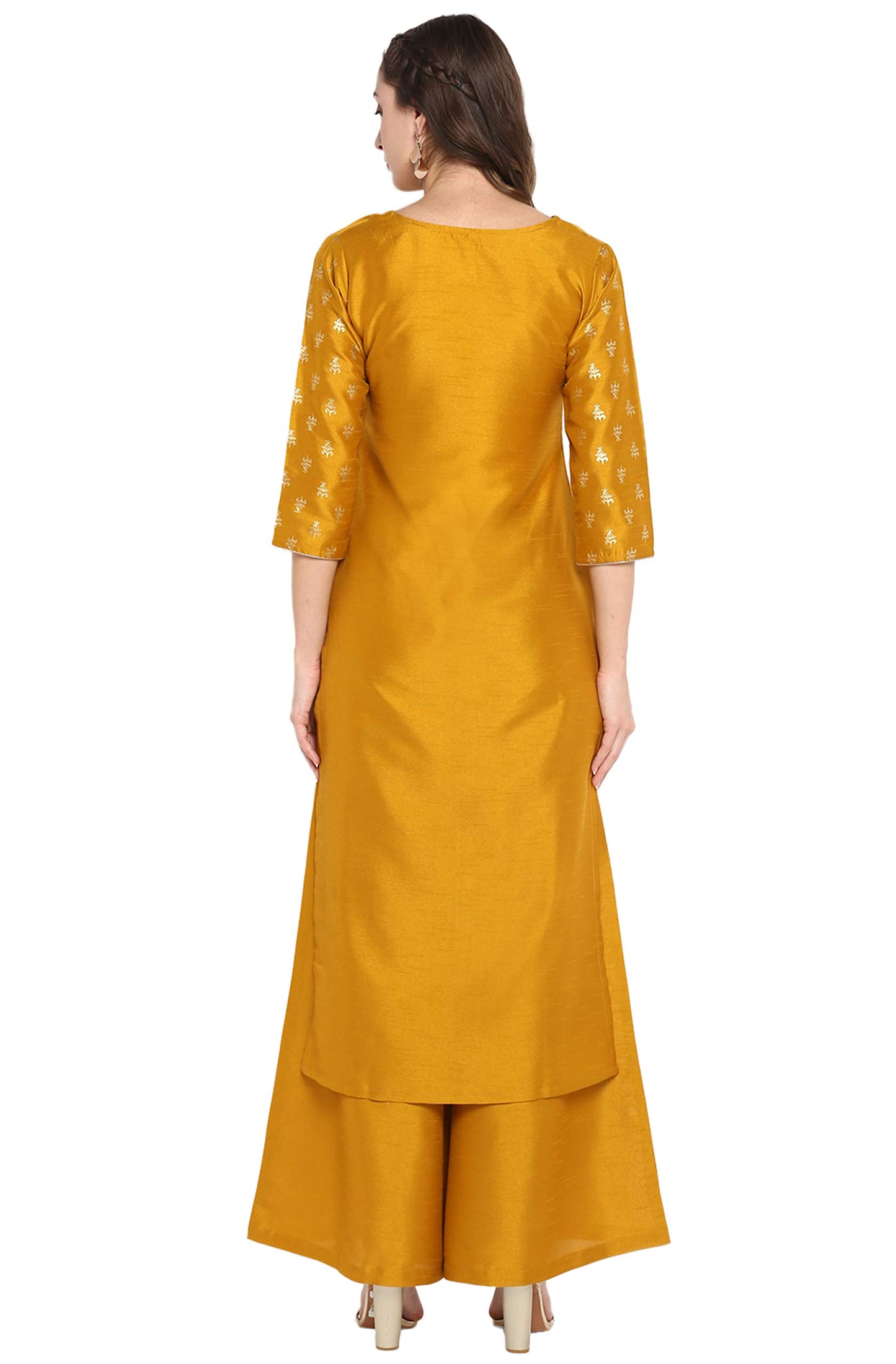 Janasya Women's Mustard Silk Blend Foil Printed Kurta with Palazzo(J0003-SET-XL)