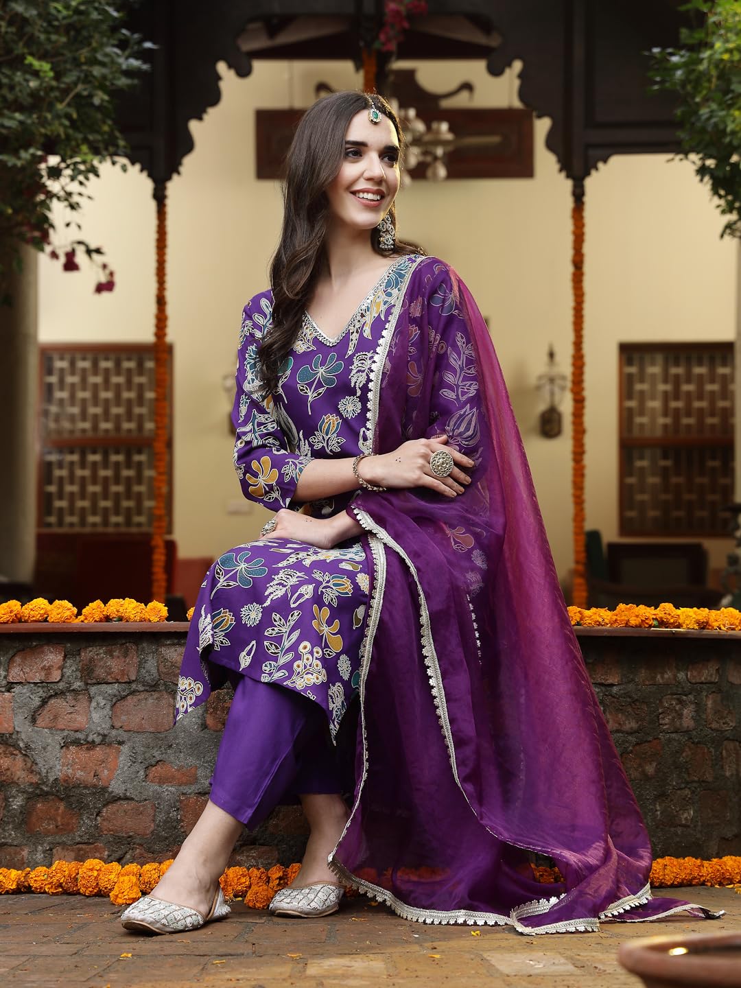 Stylum Women's Floral Printed Rayon Straight Kurta Pant Dupatta Set