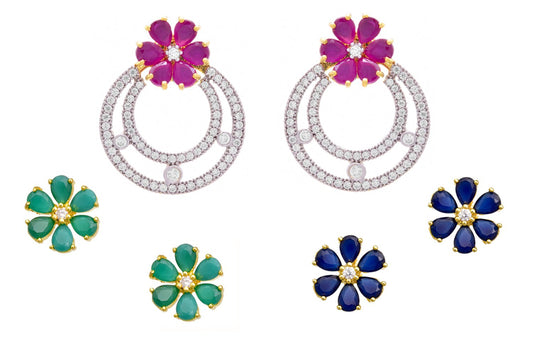 JFL - Fusion Fab Floral Cz American Diamond Three in One Changeable One Gram Gold Plated Flower Pink, Green, Blue Designer Earrings Women and Girls,Valentine