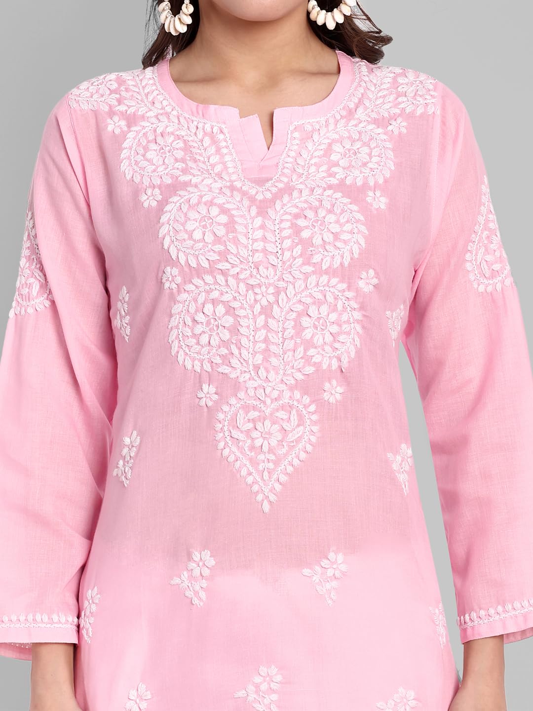 Ada Hand Embroidered Lucknowi Chikankari Cotton Straight Short Top Kurti for Women A911345 Powder Pink (4XL)
