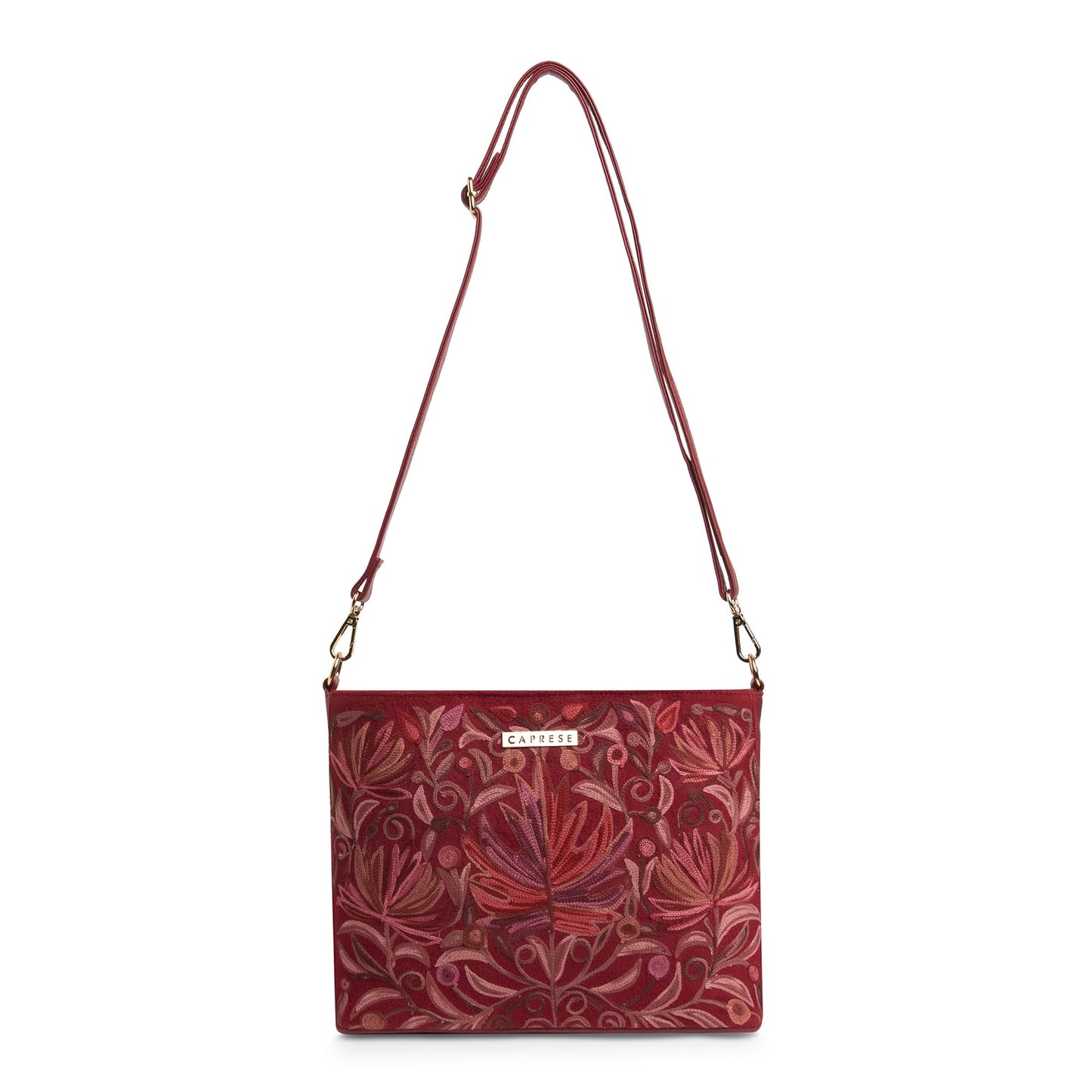 Caprese Siji Tresana Large Crossbody Bag for Women | Kashida Embroidery Sling with Adjustable & Detachable Strap, Secured Zip Closure | Stylish & Spacious Handbag for Everyday Use & Travel (Red)
