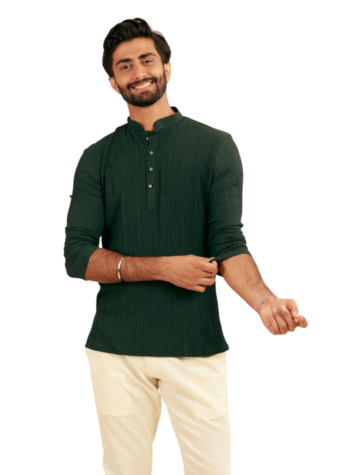Manyavar Men's Spandex Textured Short Kurta (Dark Green,XXL)