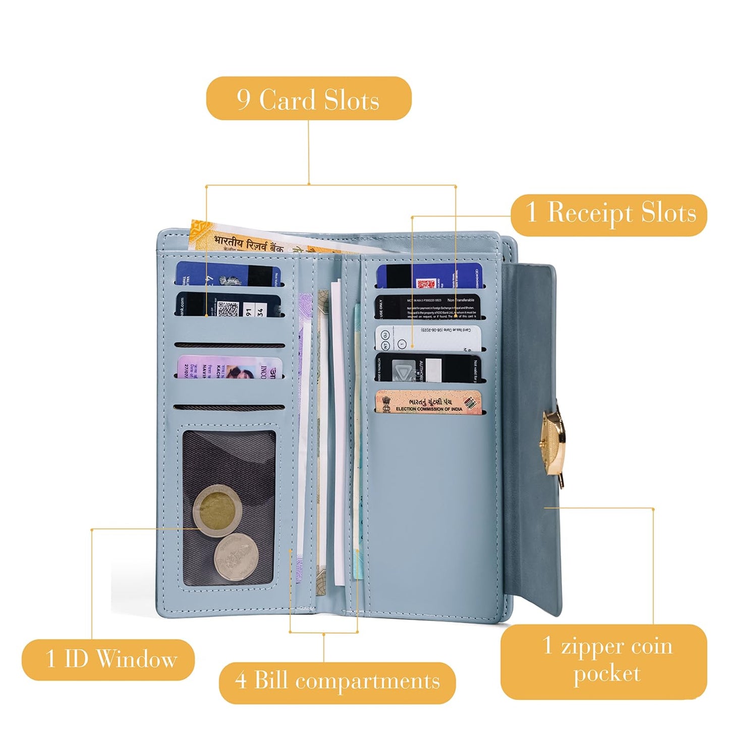 INOVERA (LABEL) Tri-fold Wallet for Women - Stylish Cash, Cards Holder Ladies Leaf Wallets - Faux Leather Hand Purse (Light Blue)