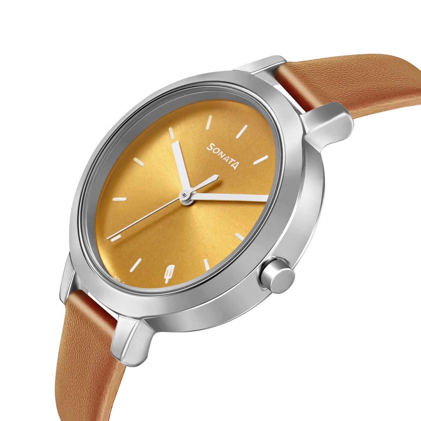 Sonata Play Yellow Dial Women Watch with Leather Strap-8141SL03