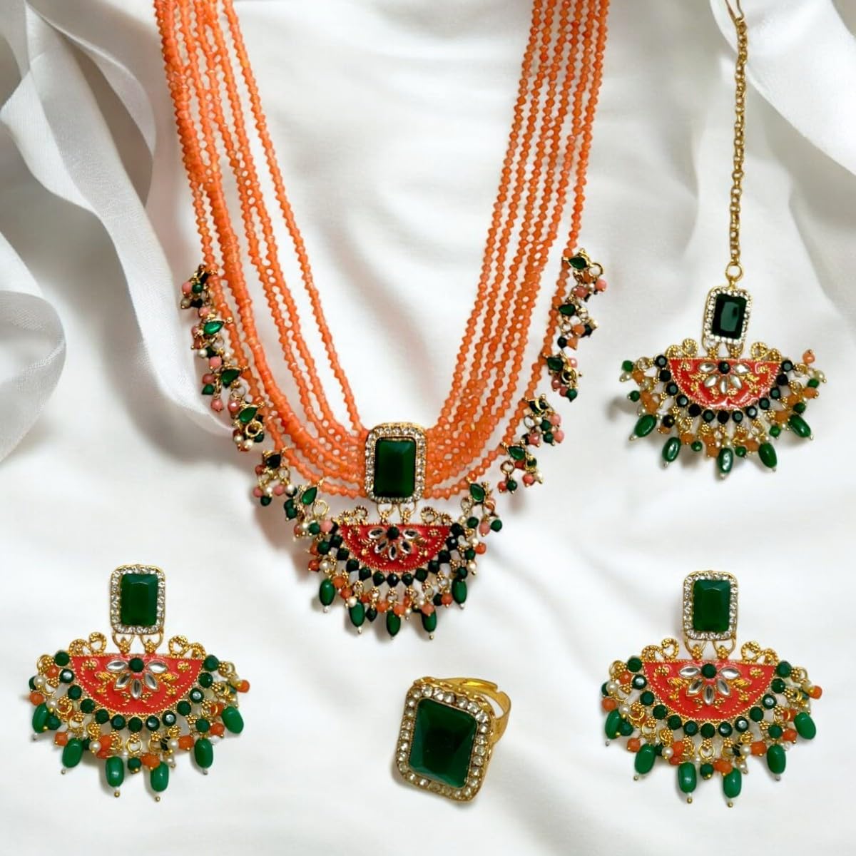 ACCESSHER Meenakari Choker Set with Chandbali Earrings, Maang Tikka & Finger Ring with a Pair of Transparent Earring & Maangtikka Supporter Patch | For Women & Girls