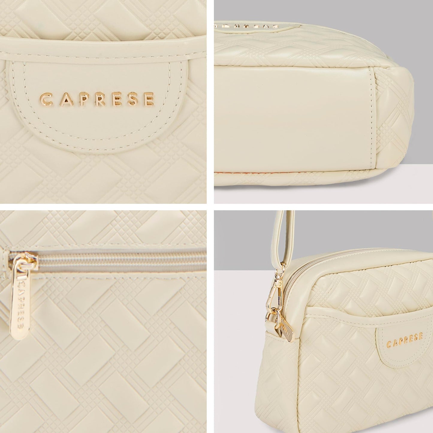 Caprese Cloud Medium Sling Bag for Women | Embossed Faux Leather Crossbody & Shoulder Bag | Adjustable & Detachable Strap | Multi-Compartment Purse with Zipper Closure & Butterfly Charm (Alpine Oat)