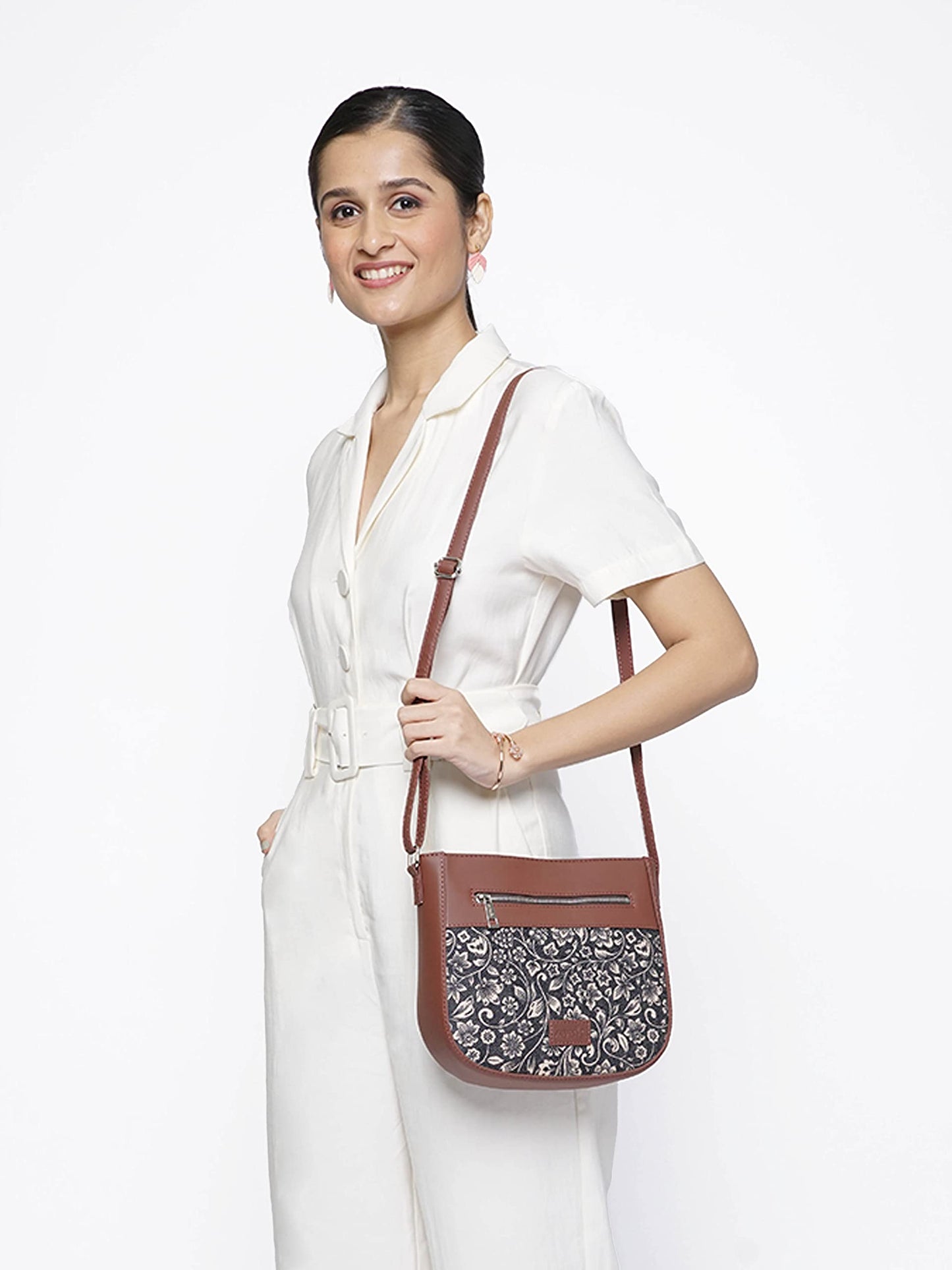 ZOUK Women's Handcrafted Black Floral U Shaped Sling Bag
