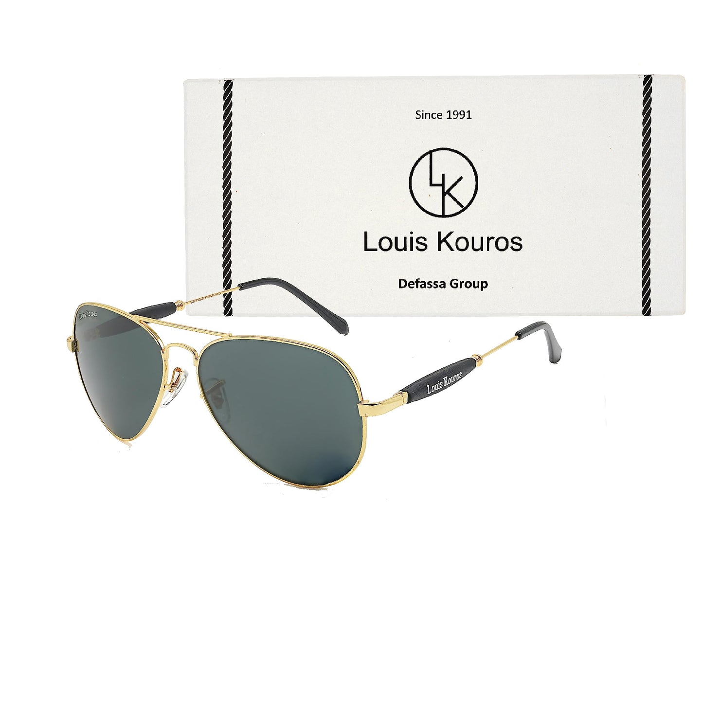 Louis Kouros Airomade Aviator Classic 3517 sunglasses | Gold Frame | Black Lens | Mirror Lens | 400 UV Protection | For Men & Women | Medium | 62 mm Lens Width