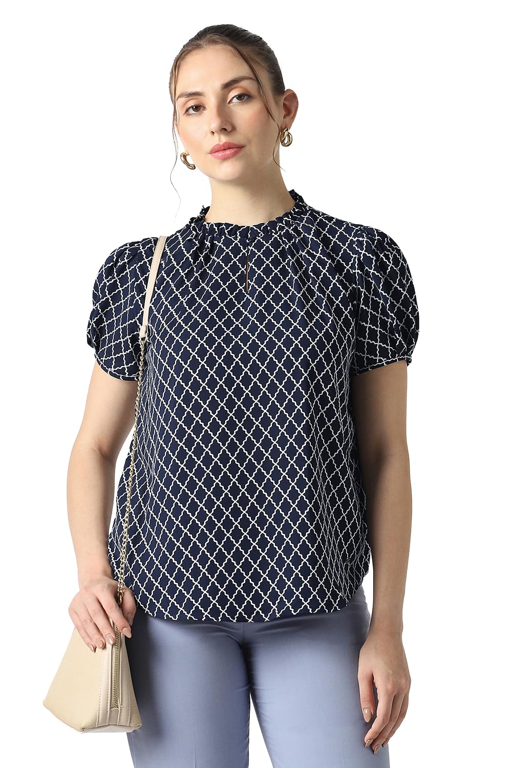 Women Navy Print Formal Round Neck Top