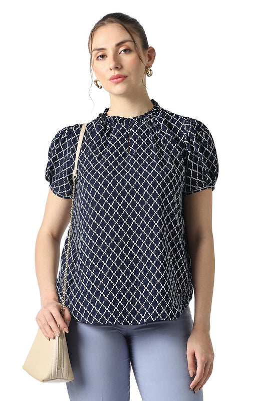 Women Navy Print Formal Round Neck Top
